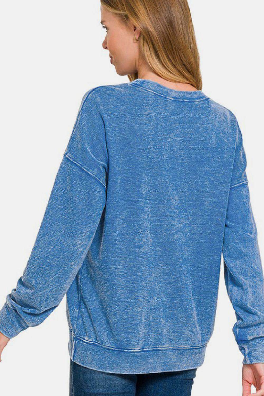 Zenana Washed Round Neck Dropped Shoulder Sweatshirt Cozy - Selvanelle