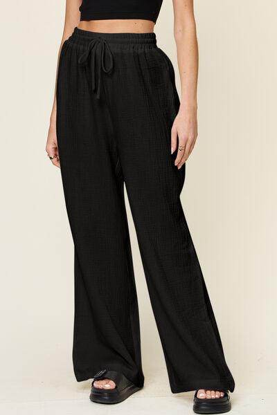 Double Take Full Size Texture Drawstring Wide Leg Pants - Selvanelle