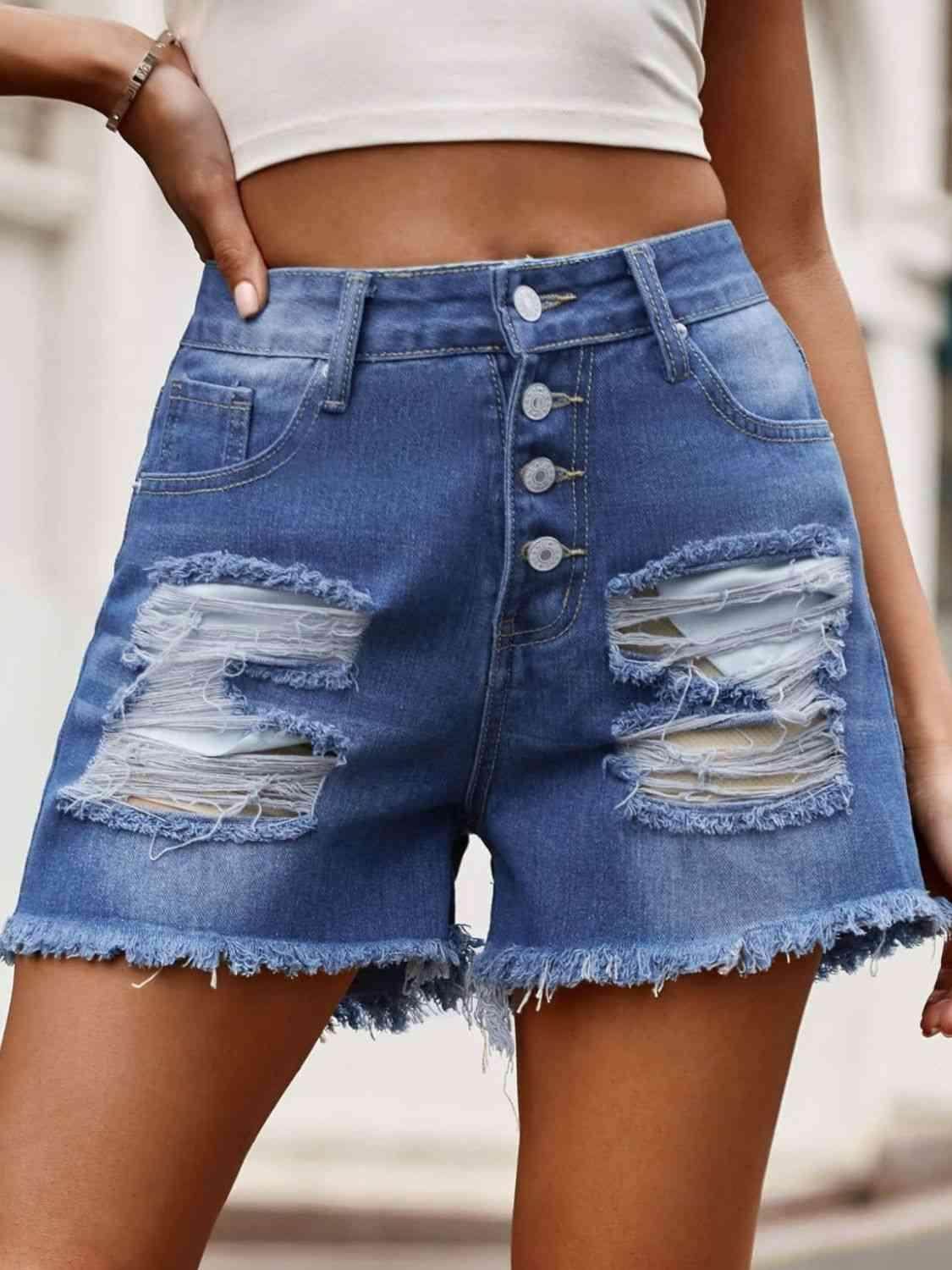 Raw Hem Denim Shorts with Pockets for Casual Style - Selvanelle