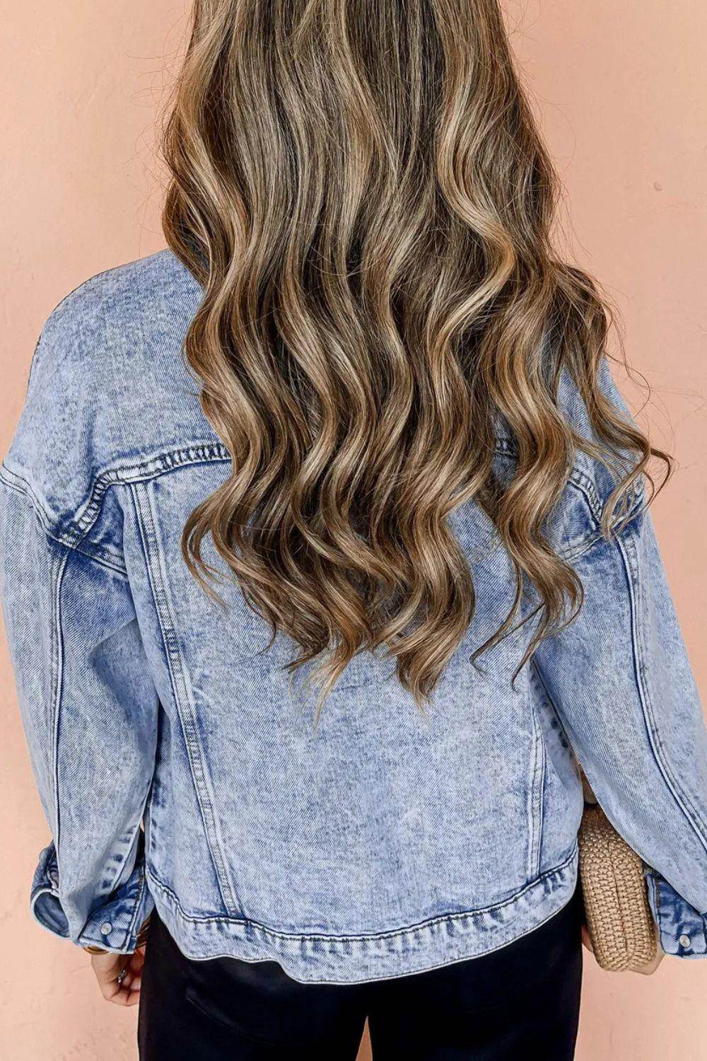 Pocketed Button Up Dropped Shoulder Denim Jacket for Women - Selvanelle