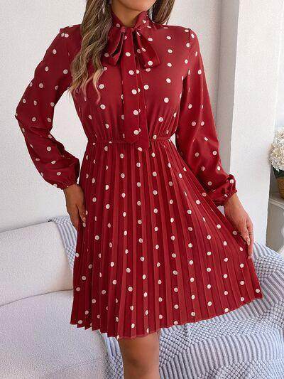 Polka Dot Tie Neck Pleated Dress for Stylish Occasions - Selvanelle