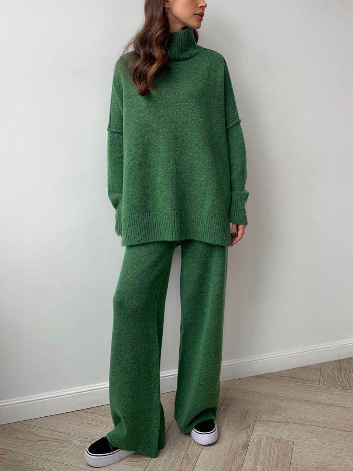 Slit Turtleneck Long Sleeve Top and Pants Sweater Set Outfit - Selvanelle