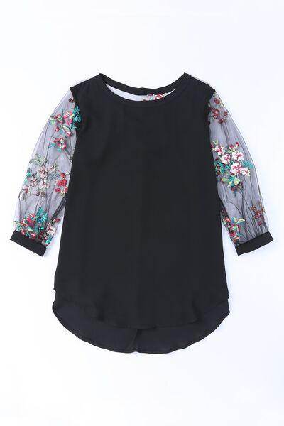 Floral Embroidered Sleeve Round Neck Blouse for Women - Selvanelle