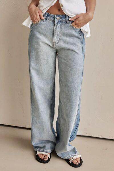 Contrast Straight Leg Jeans with Pockets for Women - Selvanelle