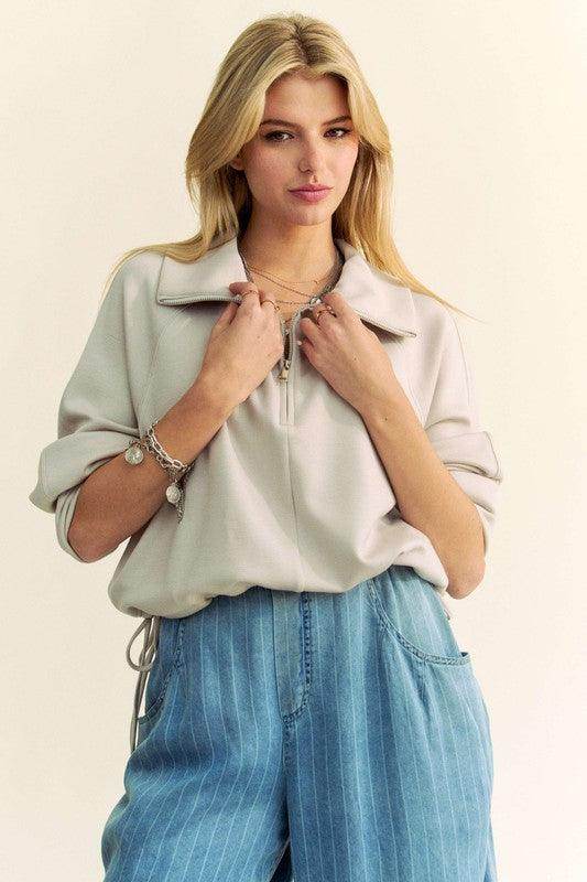 Davi & Dani Drawstring Hem Half Zip Raglan Sleeve Sweatshirt - Selvanelle