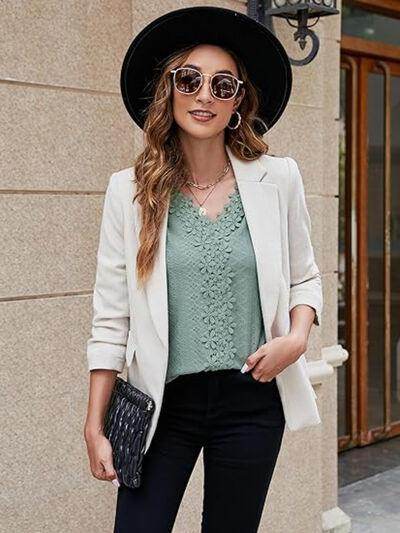 Lace Detail Eyelet V-Neck Flounce Sleeve Blouse for Women - Selvanelle