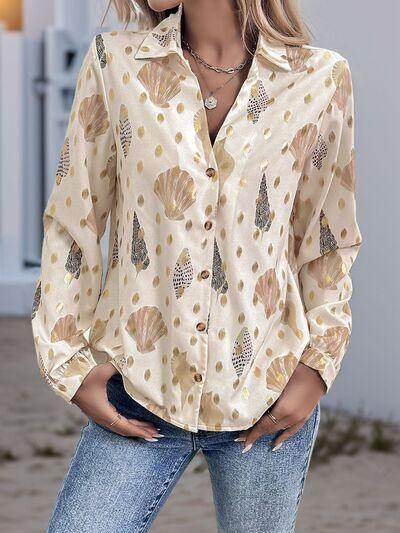 Perfee Printed Collared Neck Long Sleeve Shirt for Women - Selvanelle