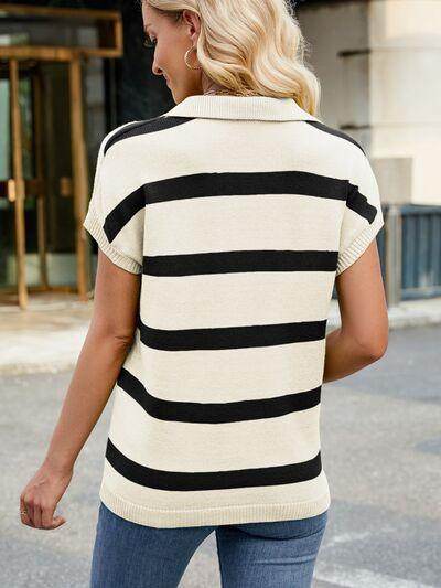 Striped Johnny Collar Cap Sleeve Sweater for Women - Selvanelle