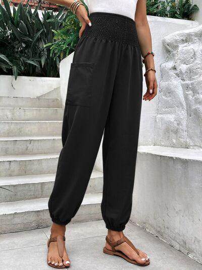 Smocked High Rise Joggers with Pockets for Women - Selvanelle