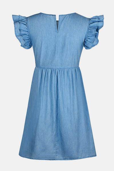 Full Size Ruffled Round Neck Cap Sleeve Denim Dress for Women - Selvanelle