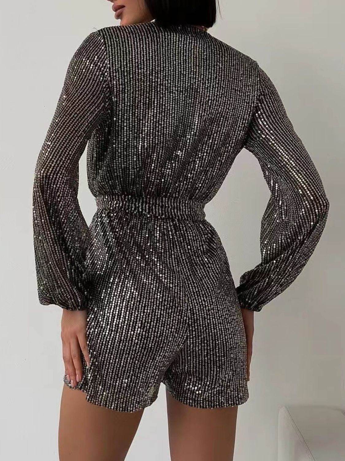 Full Size Sequin Surplice Tie Waist Long Sleeve Romper - Selvanelle