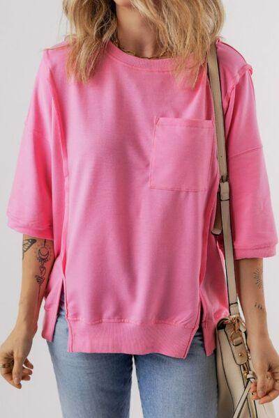 Exposed Seam Side Slit Round Neck Top for Women - Selvanelle