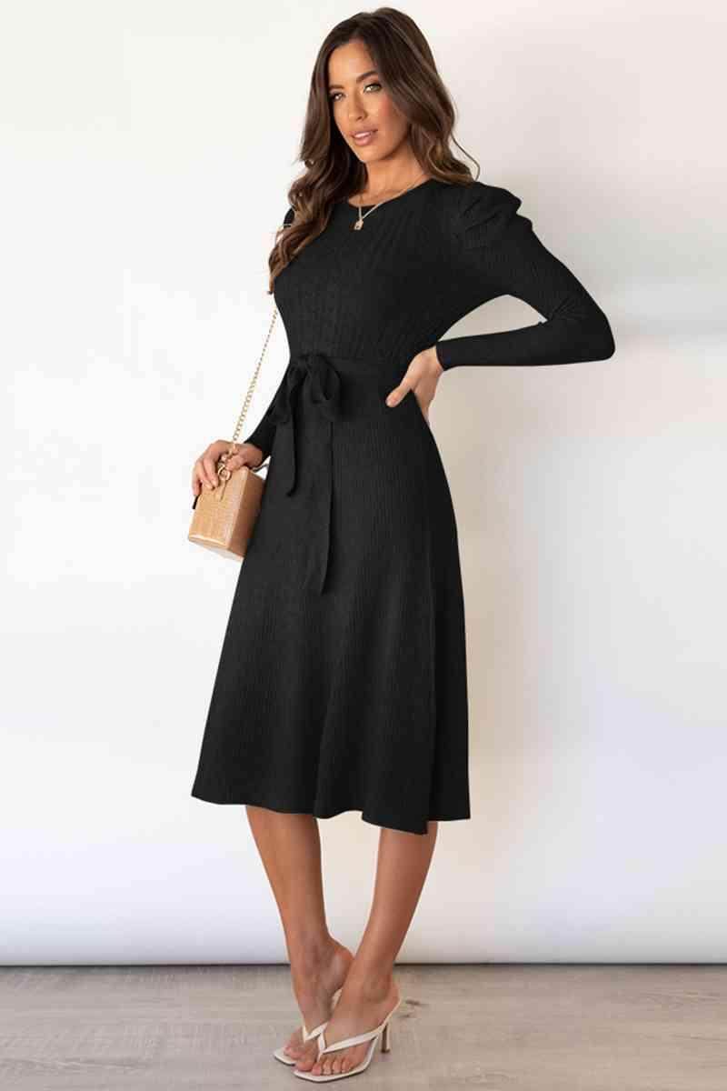 Round Neck Long Sleeve Tie Waist Sweater Dress for Women - Selvanelle