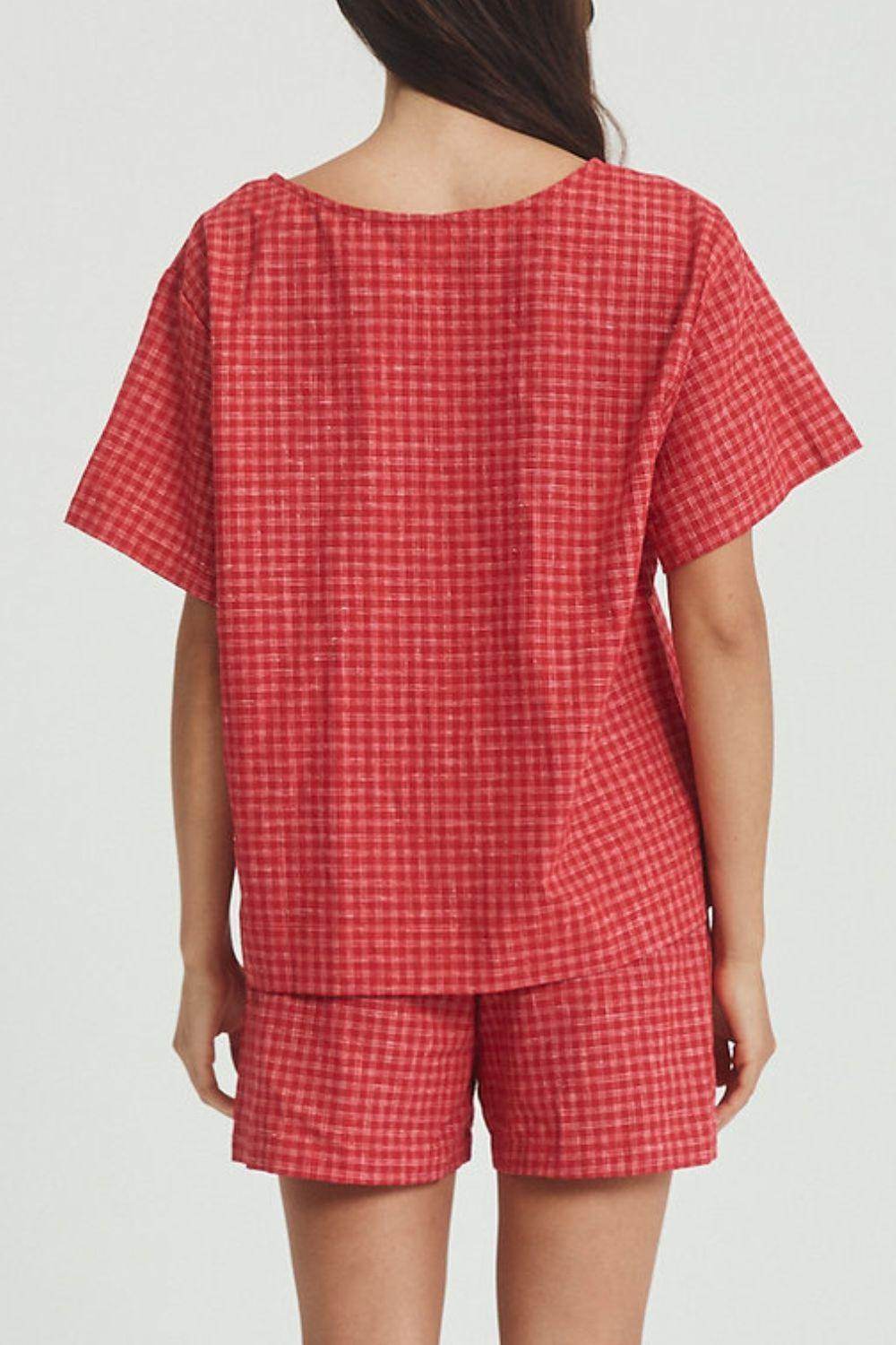 Plaid Tied Scoop Neck Short Sleeve Top and Drawstring Shorts Set - Selvanelle