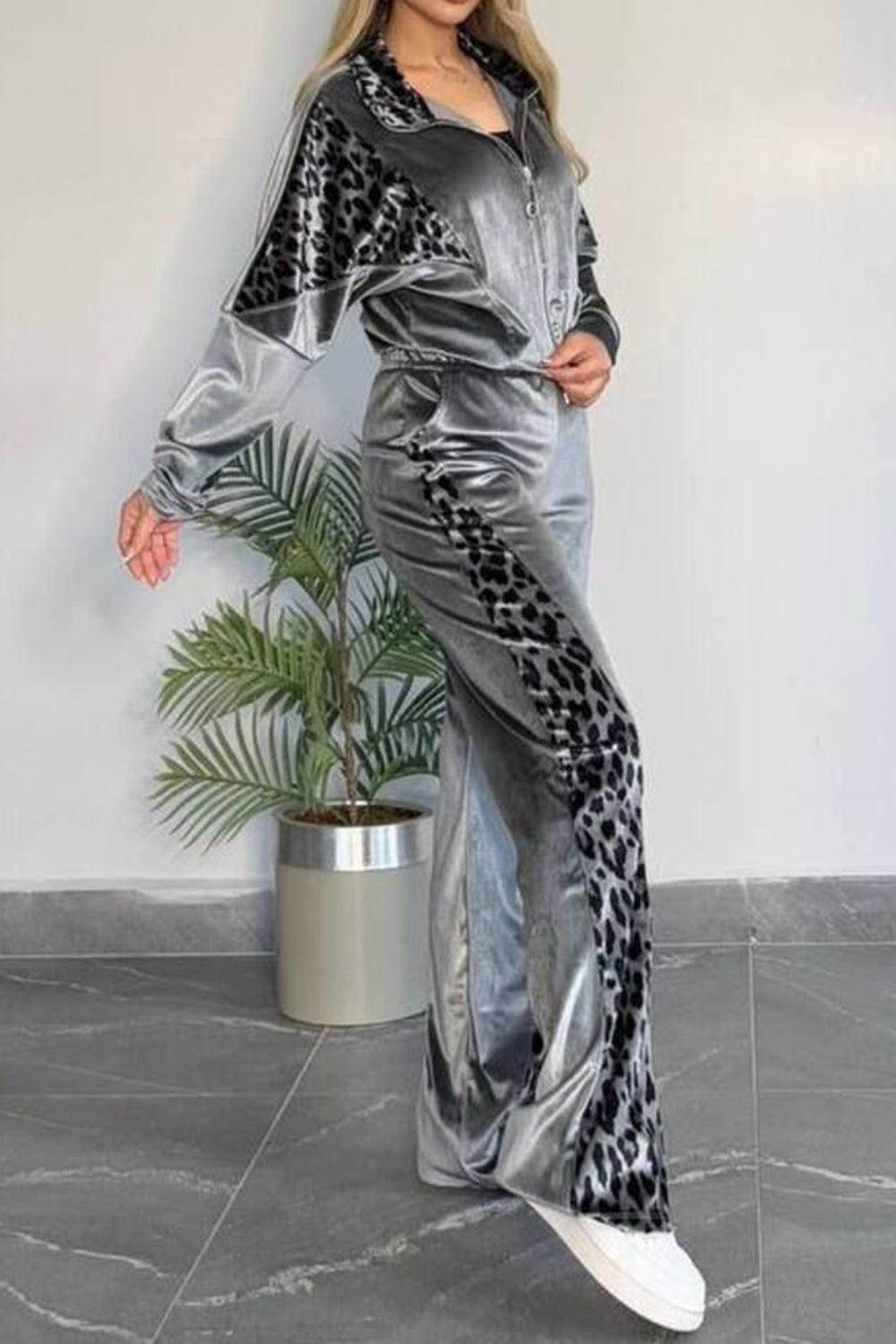 Full Size Collared Neck Leopard Zip Up Top and Pants Set Plus Size - Selvanelle