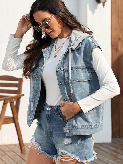 Drawstring Button Up Sleeveless Denim Jacket for Women - Selvanelle