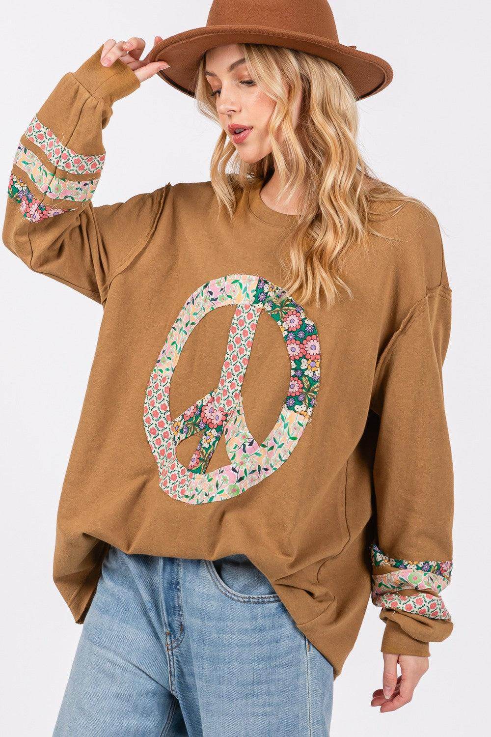 SAGE + FIG Peace Applique Patch Long Sleeve Top for Women - Selvanelle
