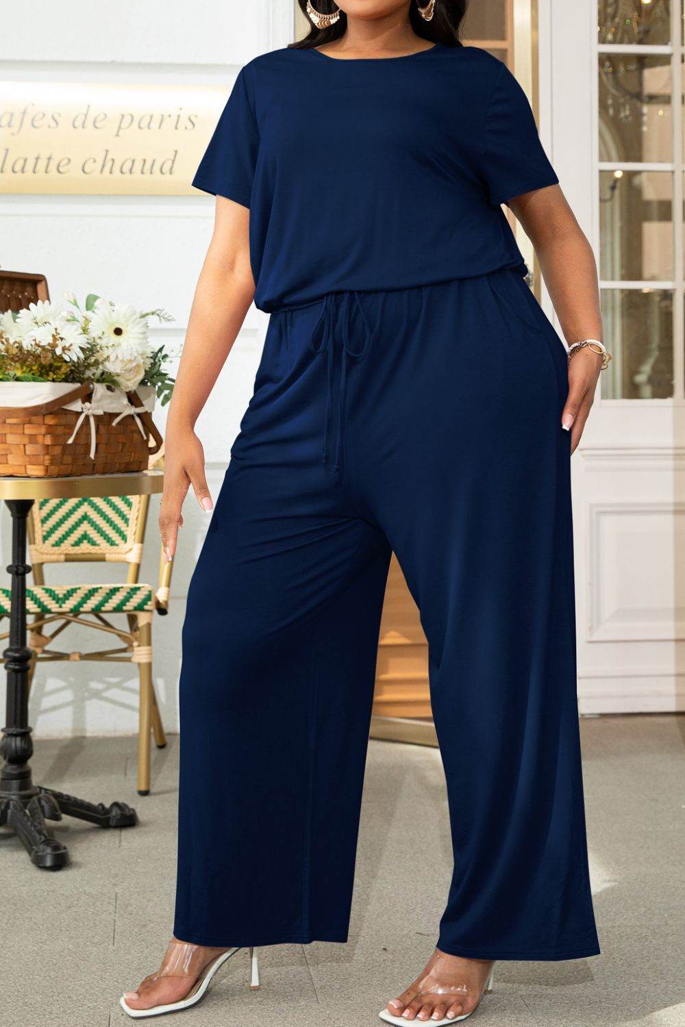 Plus Size Drawstring Waist Short Sleeve Jumpsuit - Selvanelle
