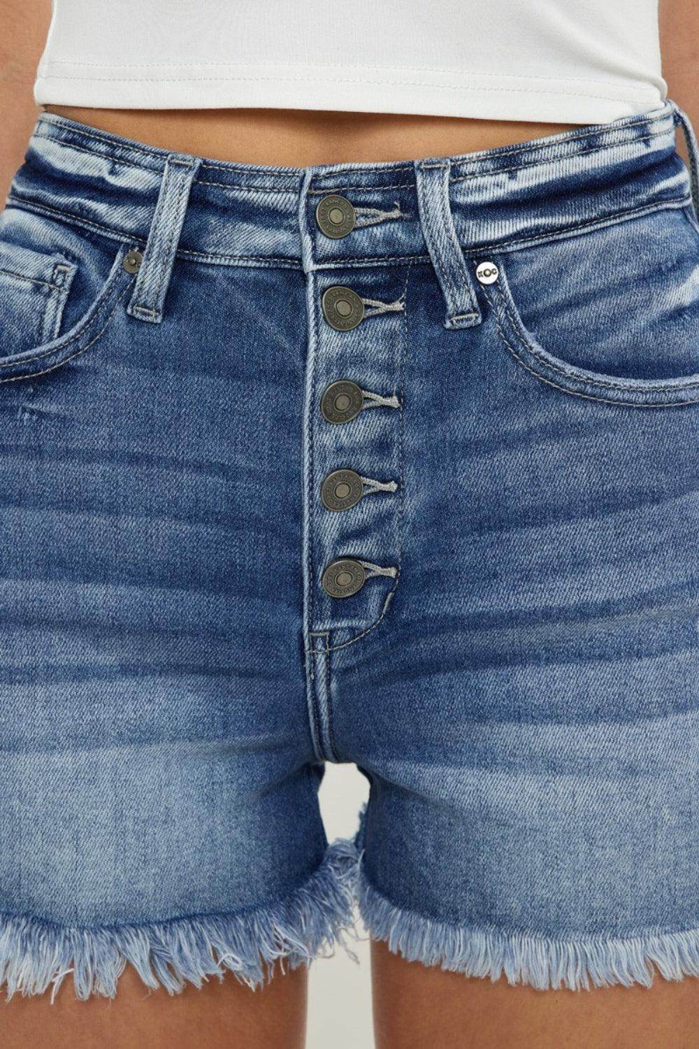 Kancan Button Fly High Rise Raw Hem Denim Shorts for Women - Selvanelle