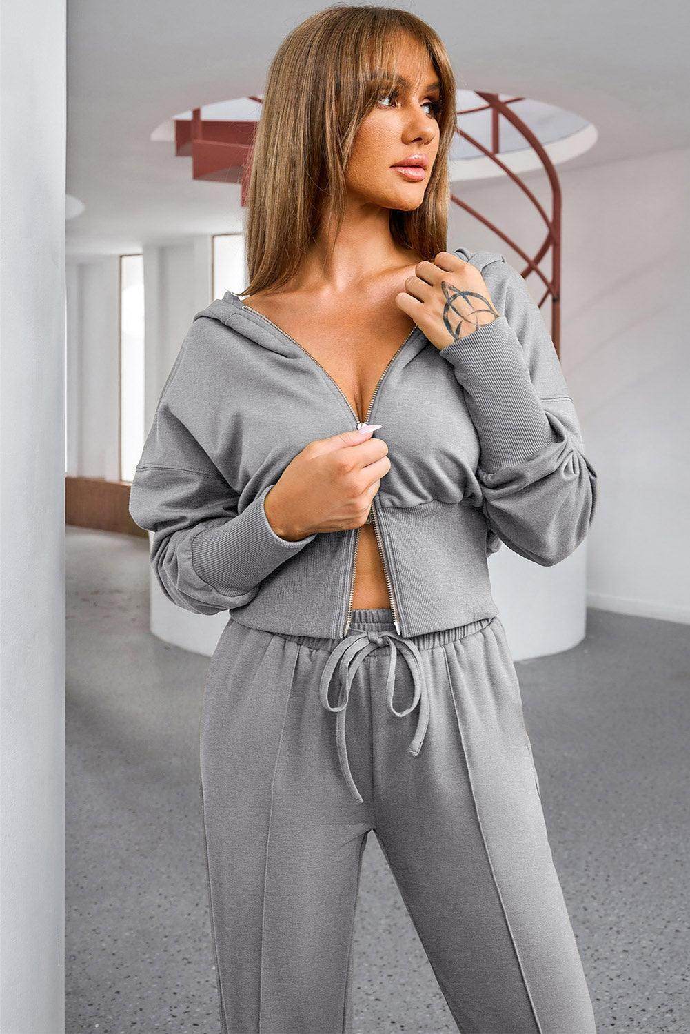Dropped Shoulder Hoodie and Drawstring Pants Active Set - Selvanelle