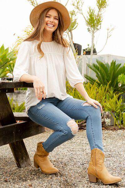 Celeste Full Size Puff Sleeve and Bow Detail Top Plus Size - Selvanelle