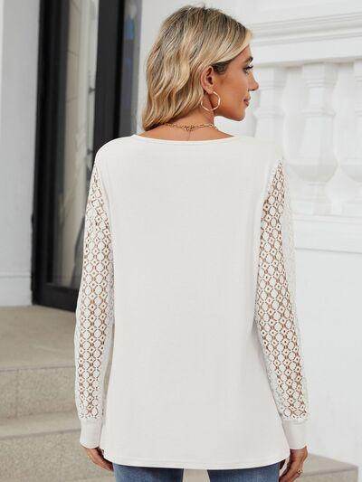 Cutout Round Neck Long Sleeve T-Shirt with Lace Detail - Selvanelle