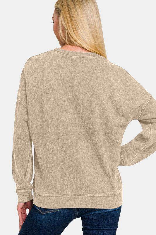 Zenana Washed Round Neck Dropped Shoulder Sweatshirt for Women - Selvanelle