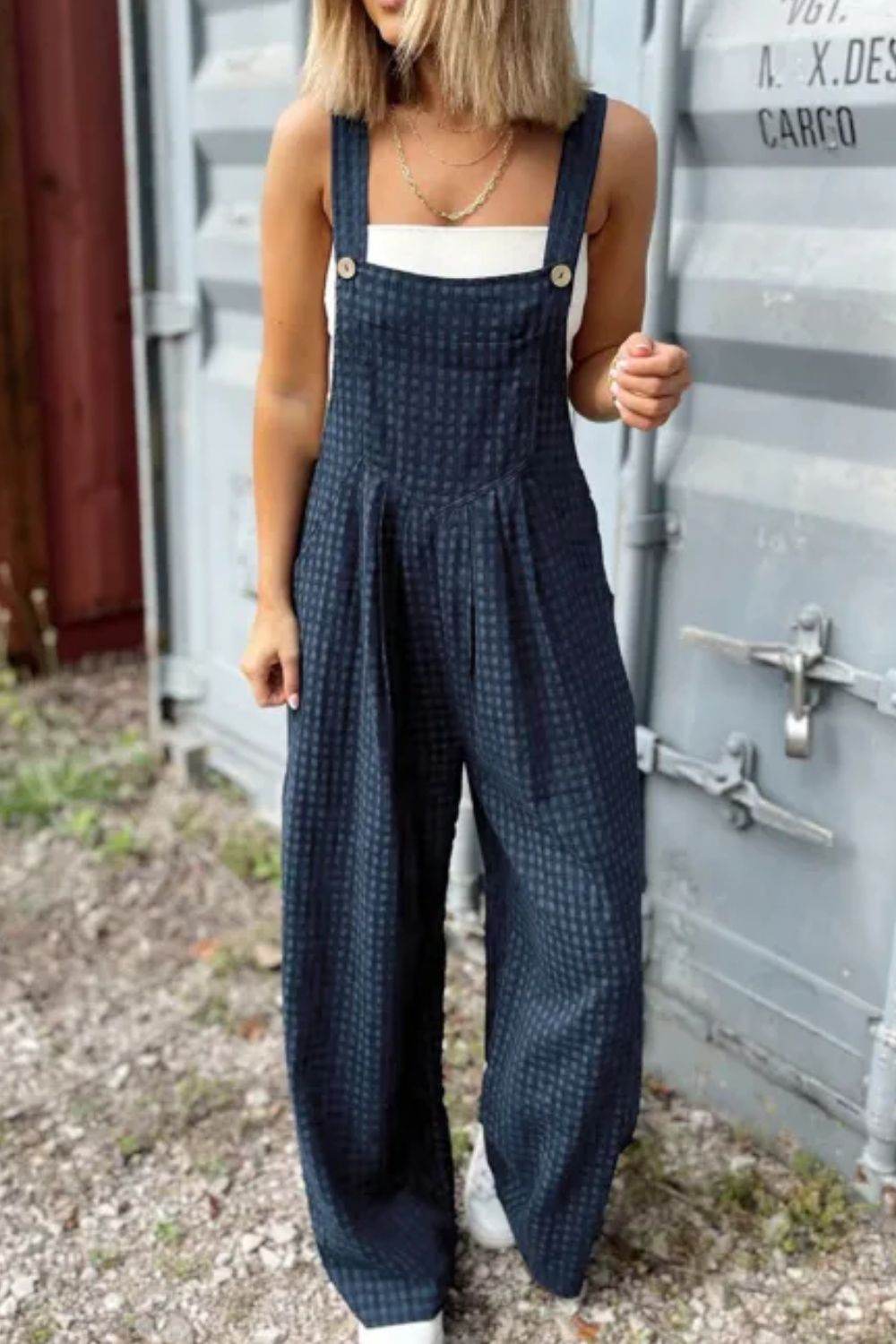 Plaid Wide Strap Wide Leg Overalls - Selvanelle