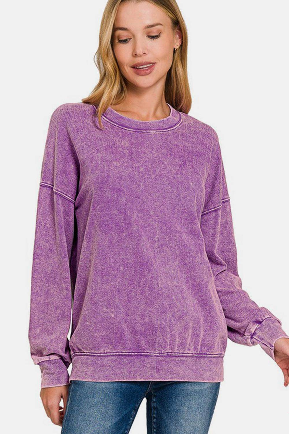 Zenana Washed Round Neck Dropped Shoulder Sweatshirt for Women - Selvanelle