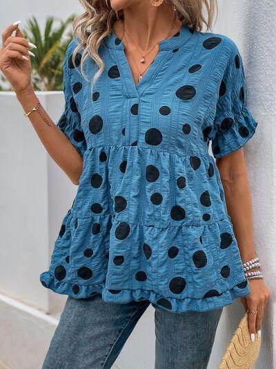 Perfee Polka Dot Notched Short Sleeve Shirt for Women - Selvanelle