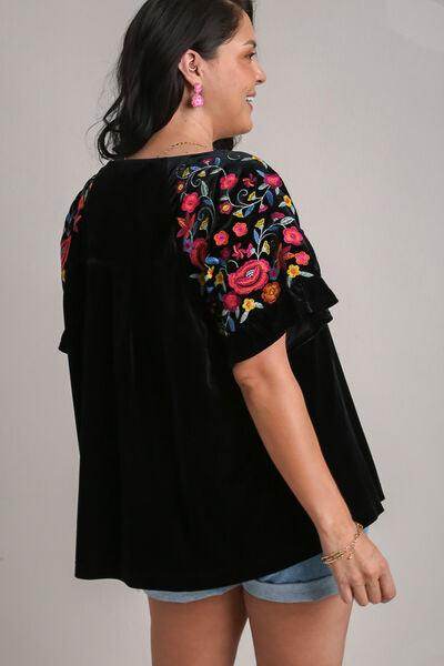 Umgee Full Size Velvet Embroidery Short Sleeve Blouse for Women - Selvanelle
