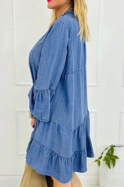 Notched Flare Sleeve Denim Dress for Casual Chic Style - Selvanelle