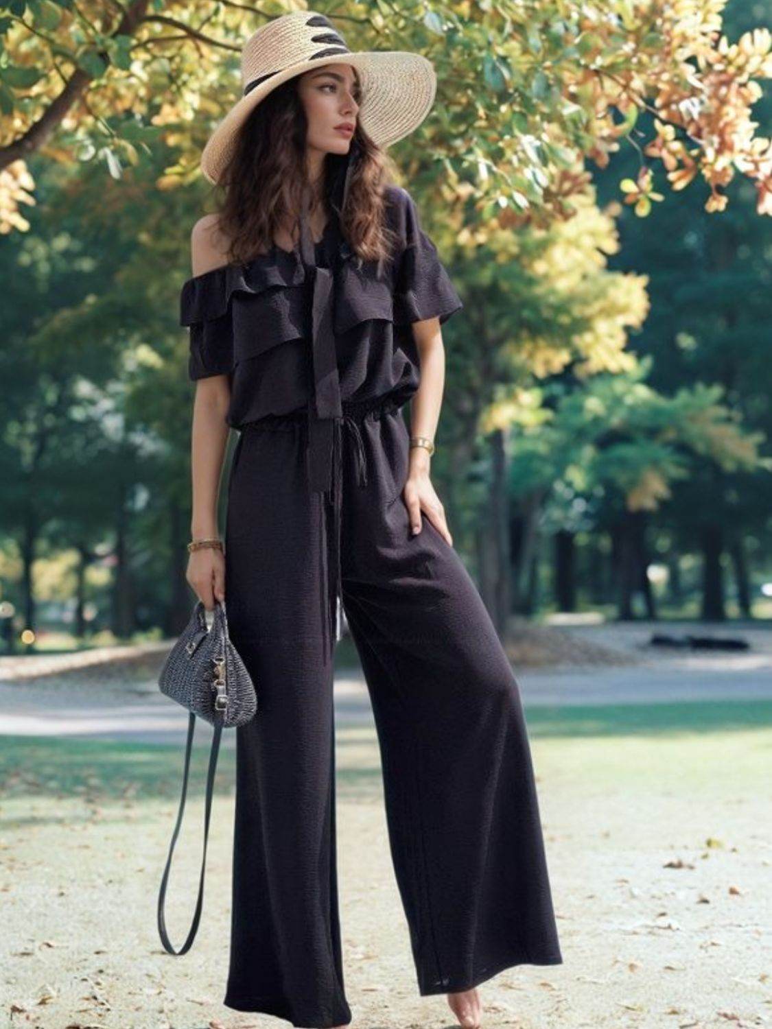 Ruffled Off Shoulder Wide Leg Jumpsuit - Selvanelle