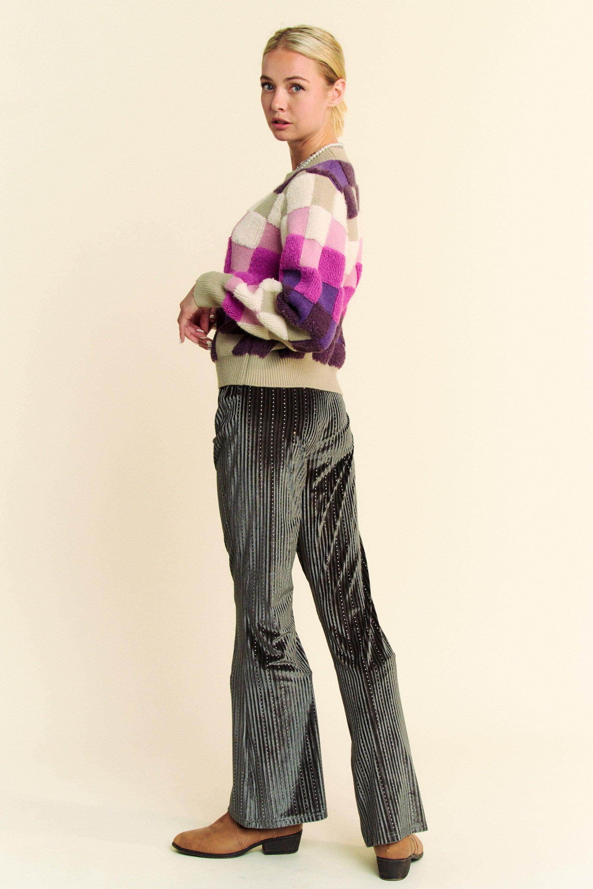 Davi & Dani Checkered Round Neck Long Sleeve Sweater Chic - Selvanelle