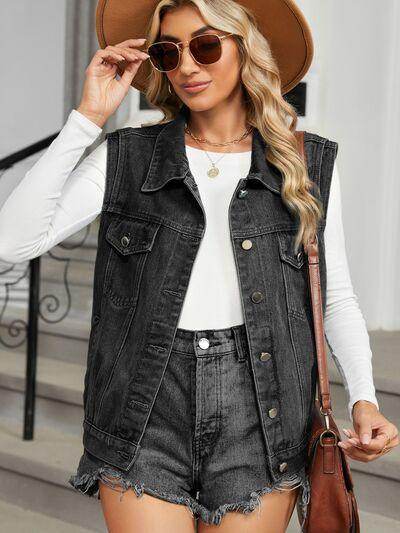 Pocketed Button Up Sleeveless Denim Jacket for Women - Selvanelle