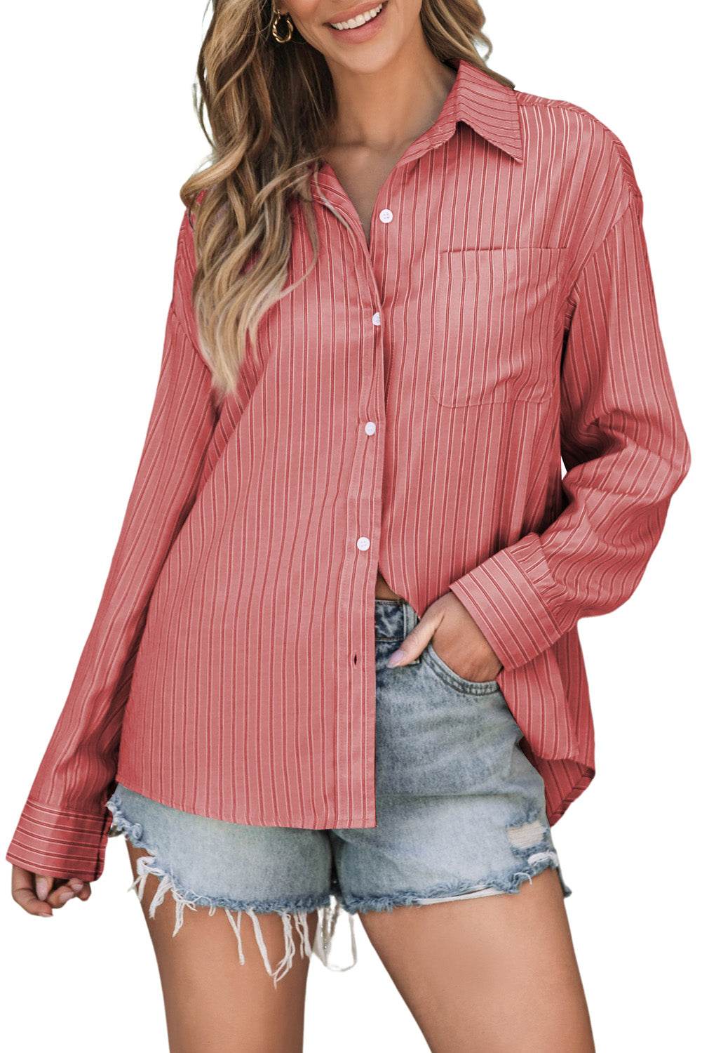 Striped Button Up Long Sleeve Shirt - Selvanelle