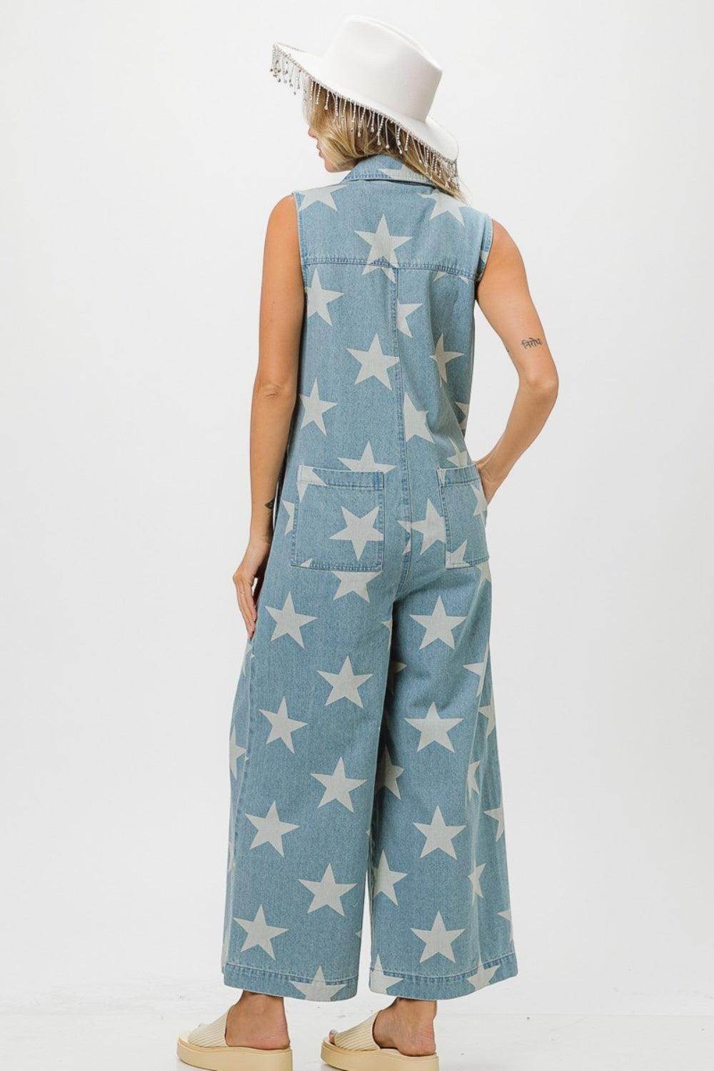BiBi Star Print Half Zip Sleeveless Denim Jumpsuit for Women - Selvanelle