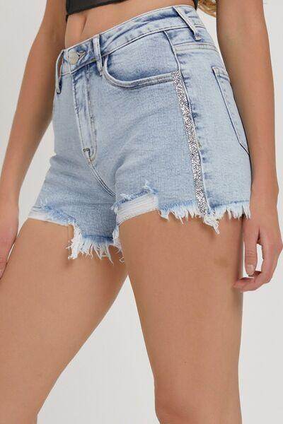 RISEN Full Size High Rise Rhinestone Strap Denim Shorts - Selvanelle