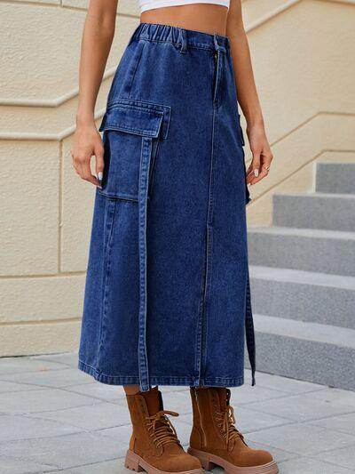 Slit Pocketed High Waist Denim Skirt for Women - Selvanelle