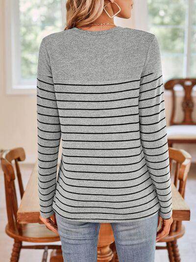 Lovelet Quarter Button Striped Round Neck Long Sleeve T-Shirt - Selvanelle