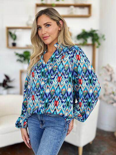 Double Take Full Size Printed Balloon Sleeve Blouse for Women - Selvanelle