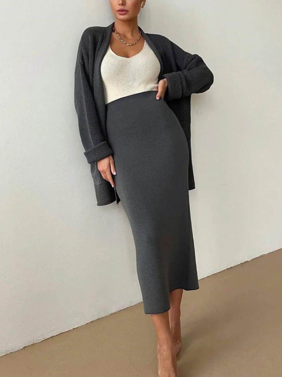Pocketed Long Sleeve Cardigan and Skirt Sweater Set - Selvanelle