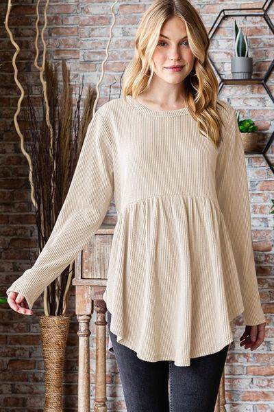 Heimish Full Size Round Neck Long Sleeve Ribbed Babydoll Top - Selvanelle