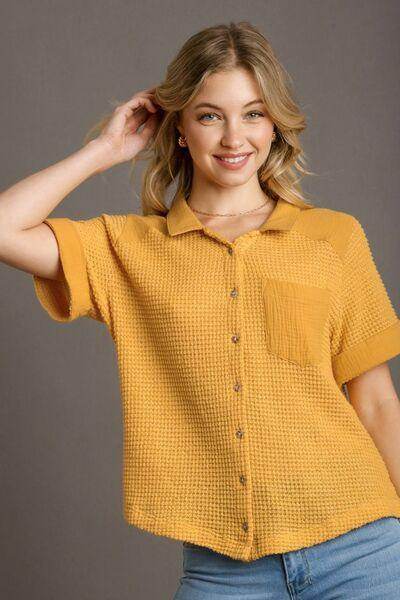 Umgee Full Size Waffle-Knit Short Sleeve Button Down Shirt - Selvanelle