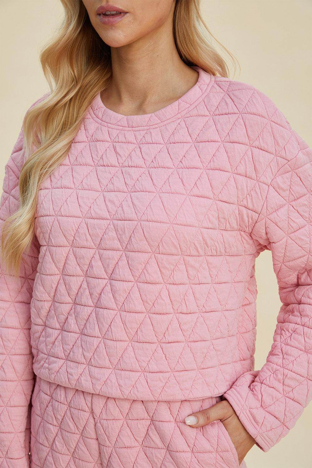 Double Take Full Size Texture Round Neck Long Sleeve Top and Shorts Set for Women - Selvanelle