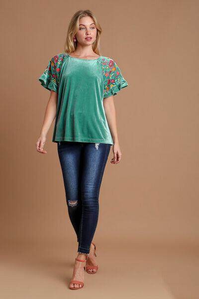 Umgee Velvet Embroidery Short Sleeve Blouse for Women - Selvanelle
