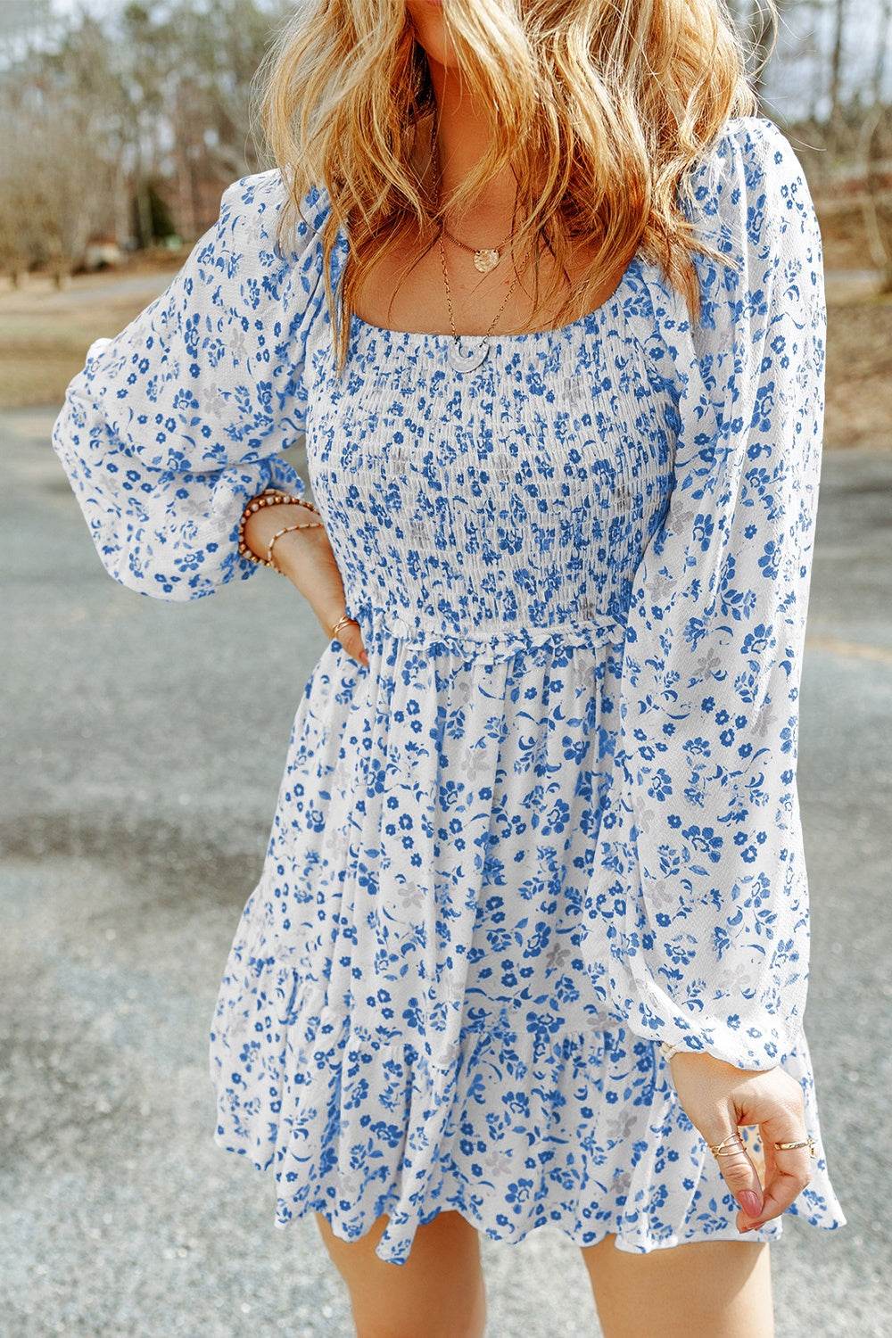 Smocked Floral Square Neck Balloon Sleeve Dress - Selvanelle