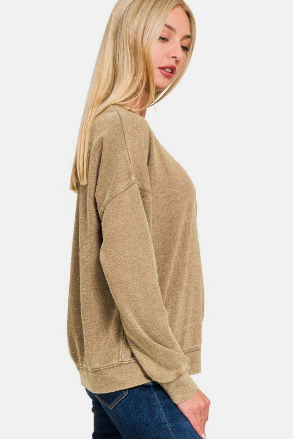 Zenana Washed Round Neck Dropped Shoulder Sweatshirt for Women - Selvanelle