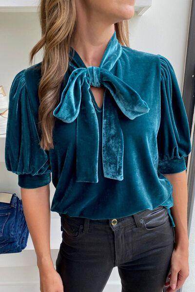 Tie Neck Half Sleeve Blouse for Women in Sheer Fabric - Selvanelle