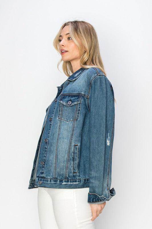 RISEN Full Size Distressed Button Up Jacket for Women - Selvanelle